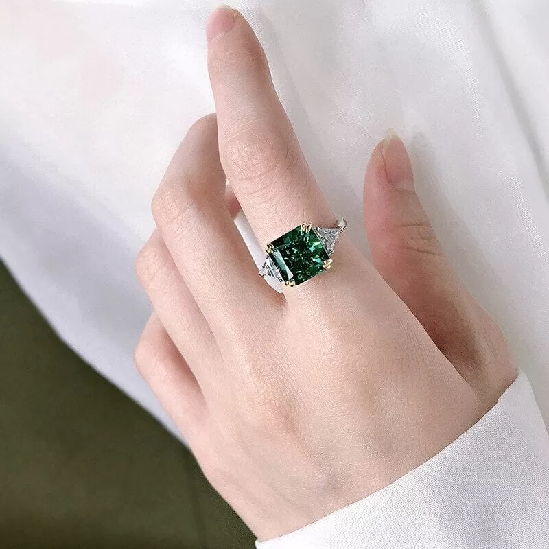 10*10mm Diamond and Emerald 925 Sterling Silver Ring