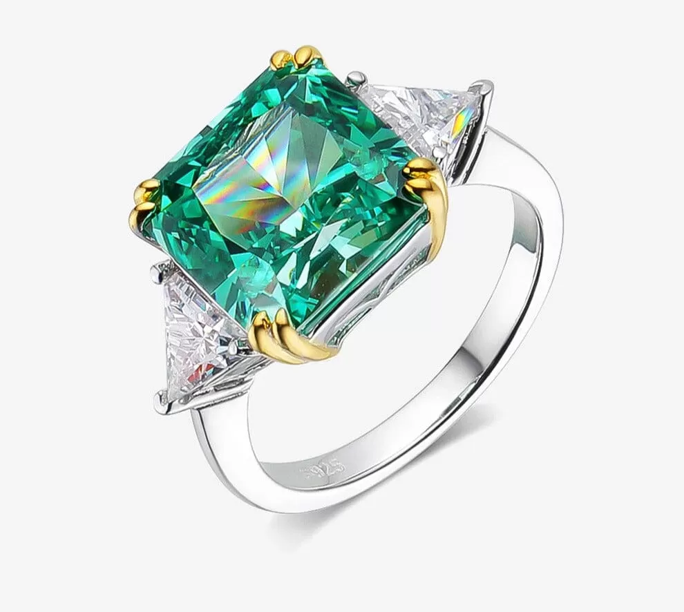 10*10mm Diamond and Emerald 925 Sterling Silver Ring