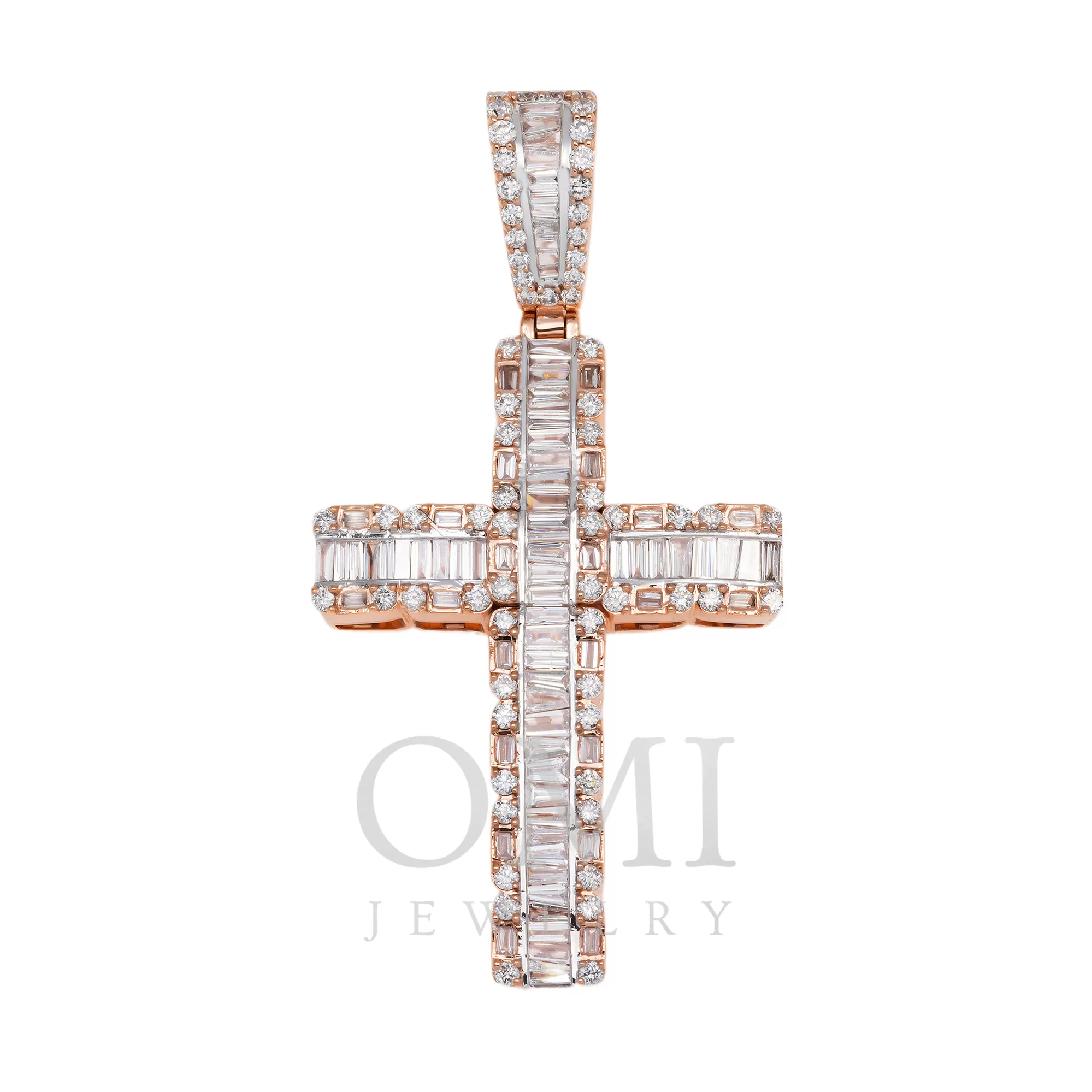 10K GOLD BAGUETTE AND ROUND DIAMOND CROSS PENDANT 2.84 CT