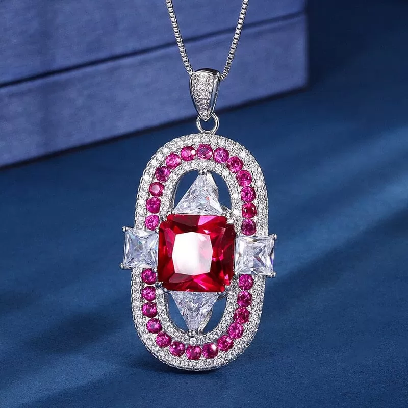 12 *12 Geometric Square Round Ruby Pendant Necklace