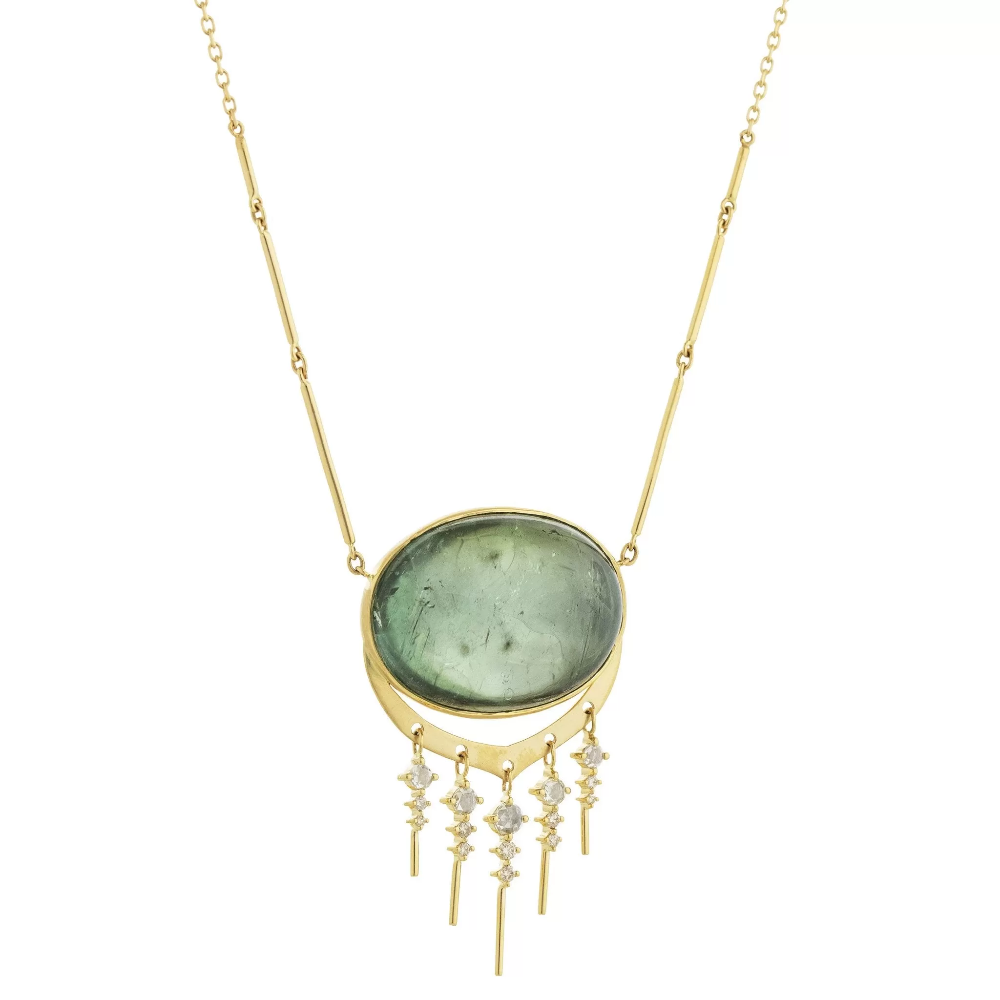 14K Gold Cabochon Oval Green Tourmaline Necklace with Diamond Fringe