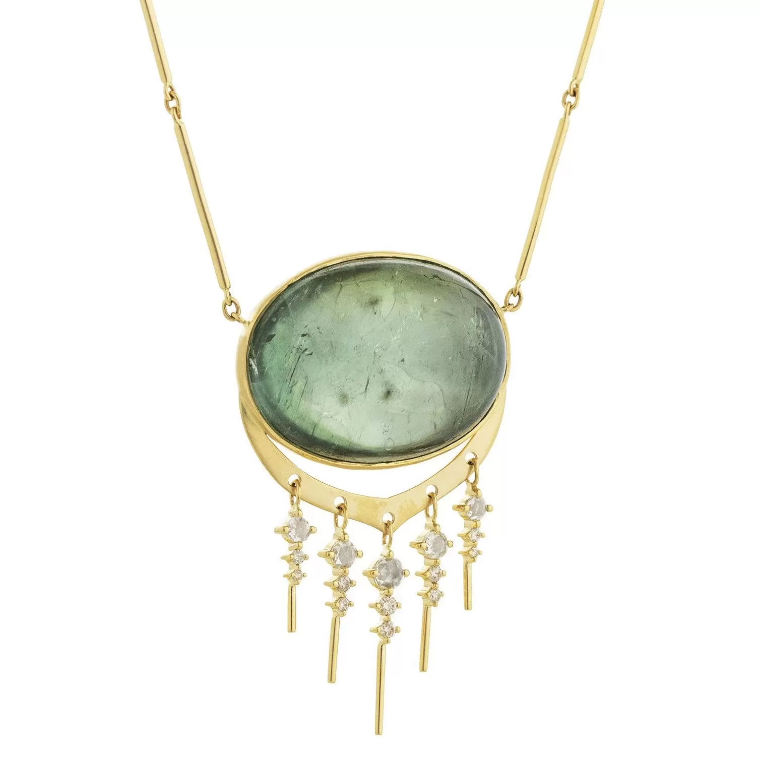 14K Gold Cabochon Oval Green Tourmaline Necklace with Diamond Fringe