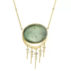 14K Gold Cabochon Oval Green Tourmaline Necklace with Diamond Fringe