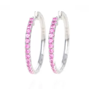 14K White Gold Pink Natural Sapphire Diamond Reversible Hoop Earrings