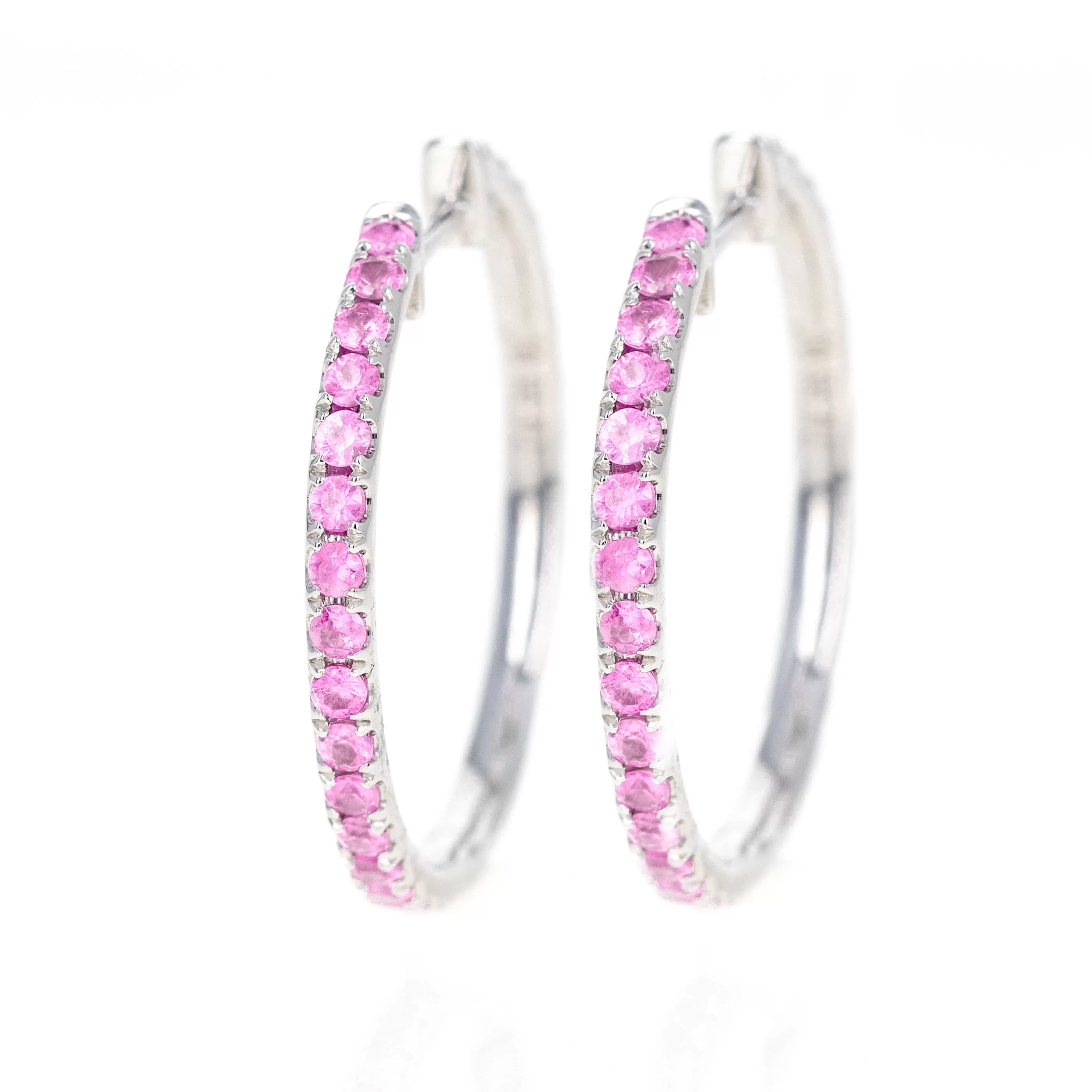 14K White Gold Pink Natural Sapphire Diamond Reversible Hoop Earrings