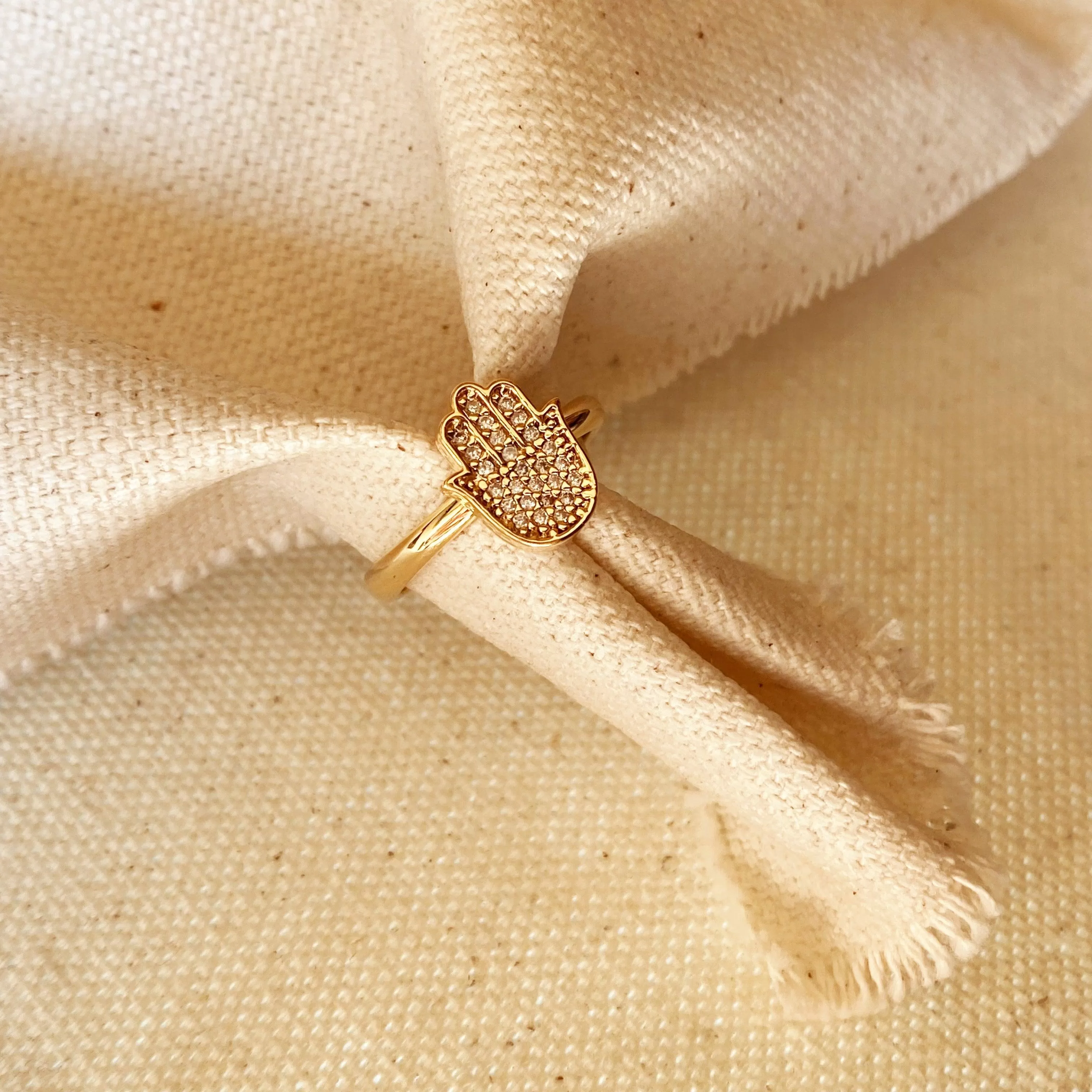 18k Gold Filled Hamsa Ring Featuring Micro Pave Cubic Zirconia