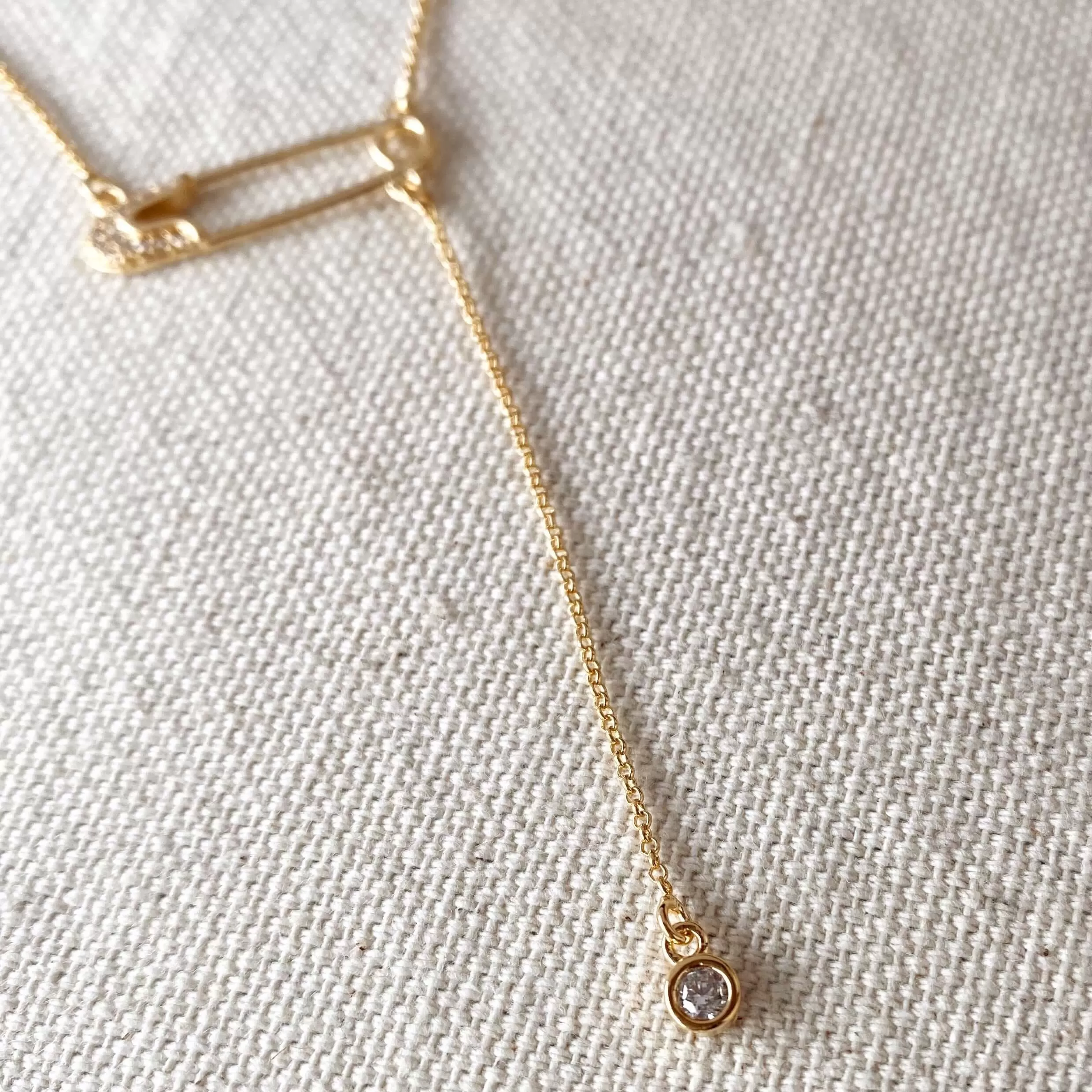 18k Gold Filled Safety Pin Necklace Featuring Cubic Zirconia Accents