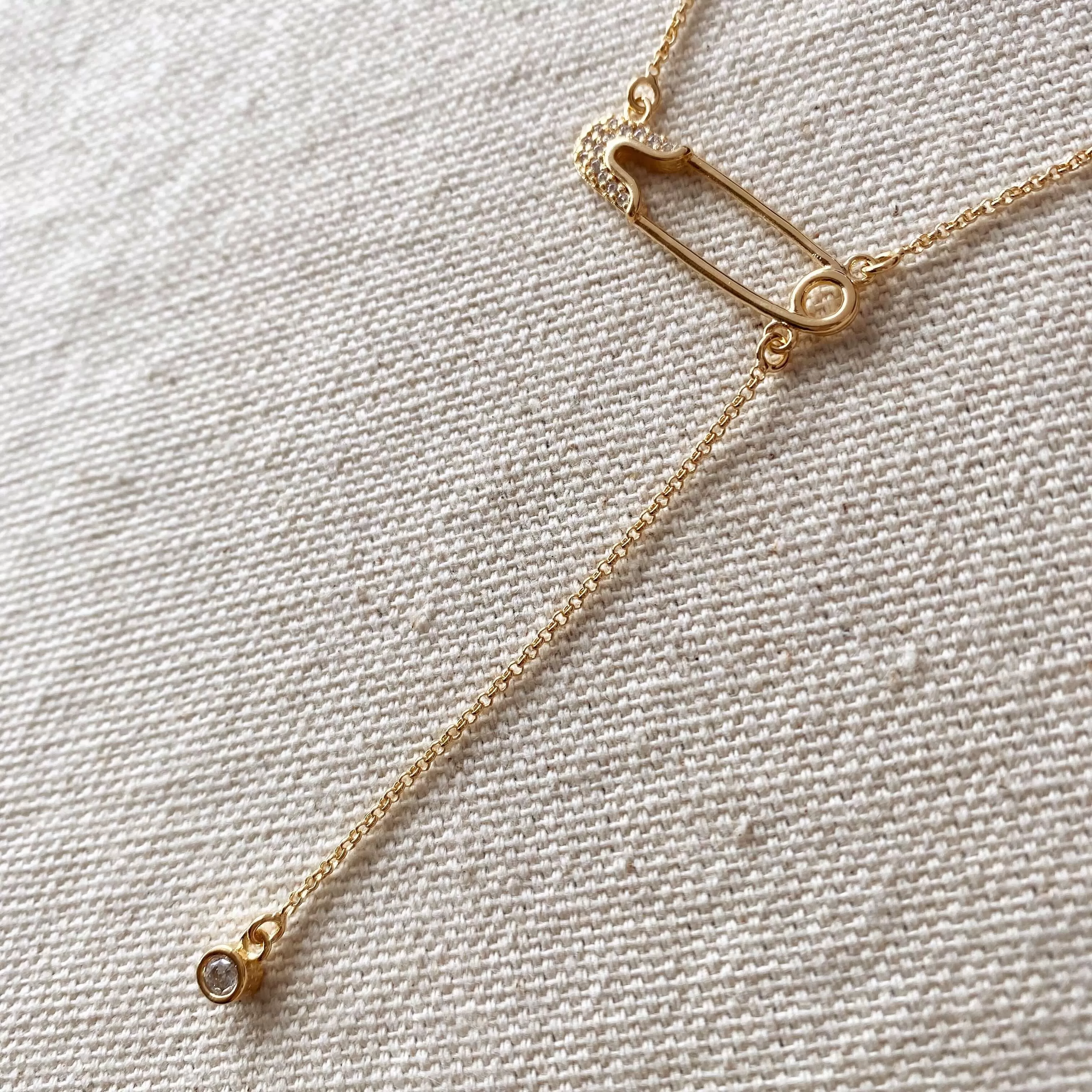 18k Gold Filled Safety Pin Necklace Featuring Cubic Zirconia Accents