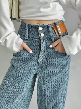 3D Stretch Denim Blue High-waist Woven Denim Wide-leg Pants