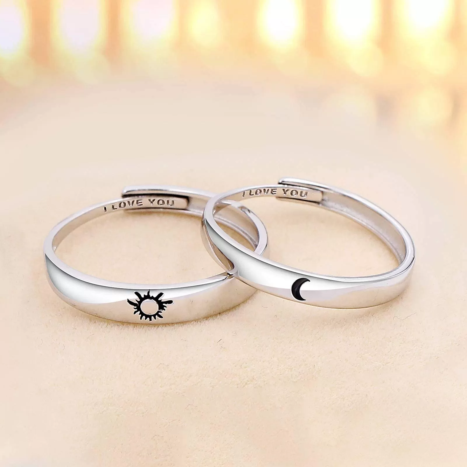 925 Silver Rings Custom Adjustable Sun and Moon Matching Rings Engraved I Love You Couples Rings Wedding