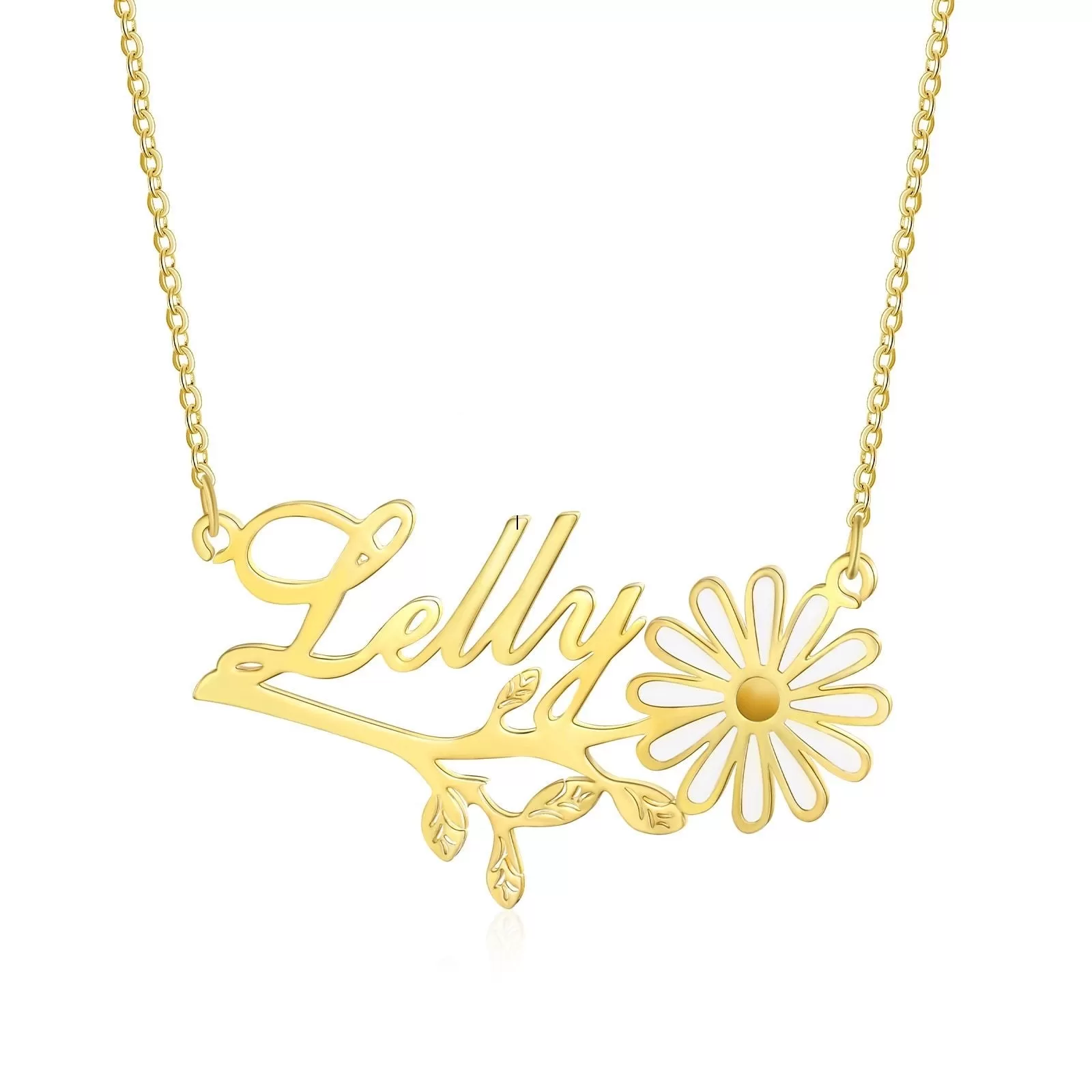 925 Sterling Silver Personalized Nameplate Pendant with Daisy Flower Branch Leaves Custom Letter Name Necklaces for Women Gifts