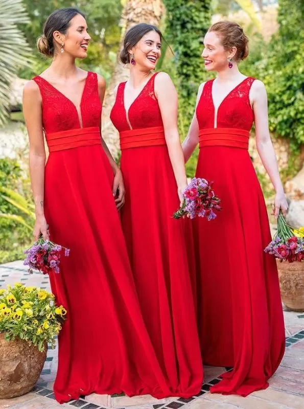 A-Line V-Neck Red Chiffon Long Bridesmaid Dress