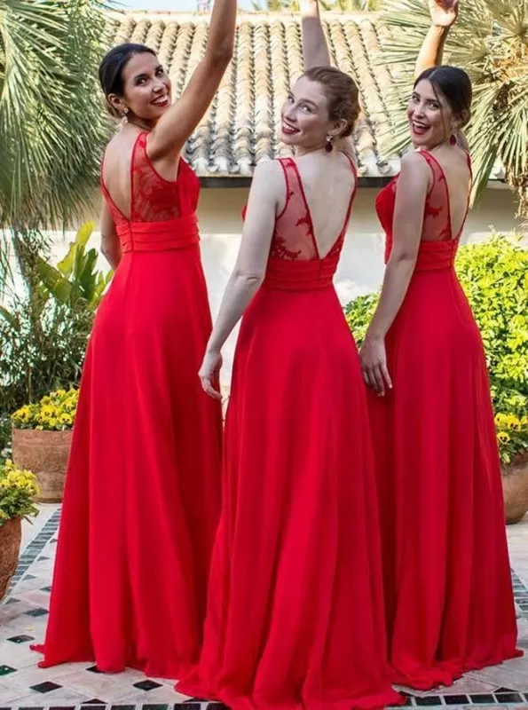 A-Line V-Neck Red Chiffon Long Bridesmaid Dress