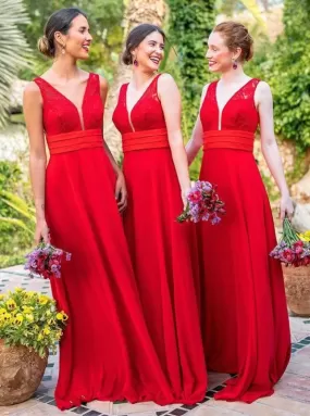 A-Line V-Neck Red Chiffon Long Bridesmaid Dress