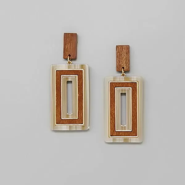 Acetate And Wood Rectangle Dangle Earrings