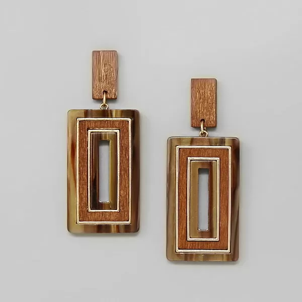 Acetate And Wood Rectangle Dangle Earrings