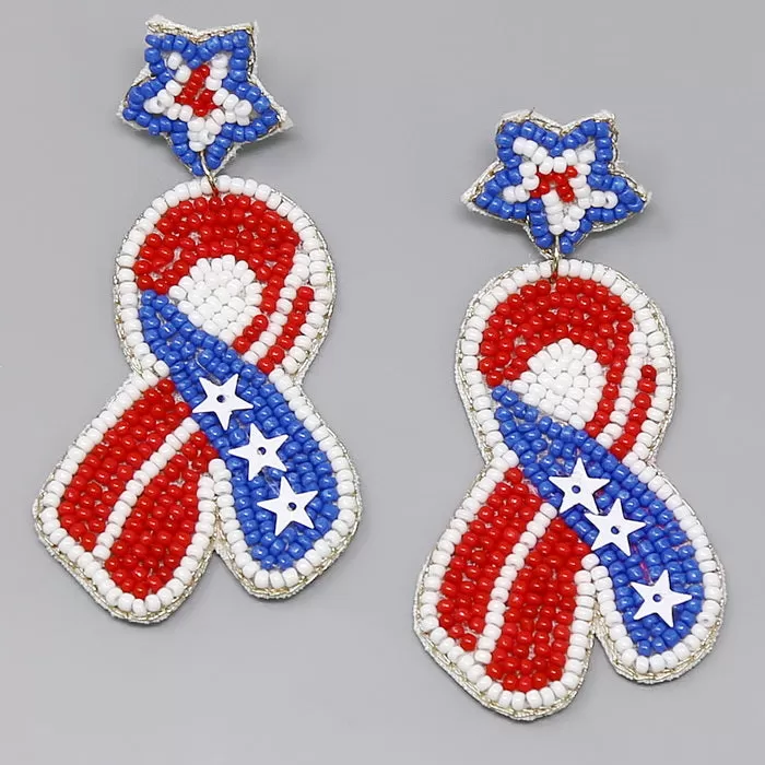 American Flag Ribbon Seed Beaded Earrings