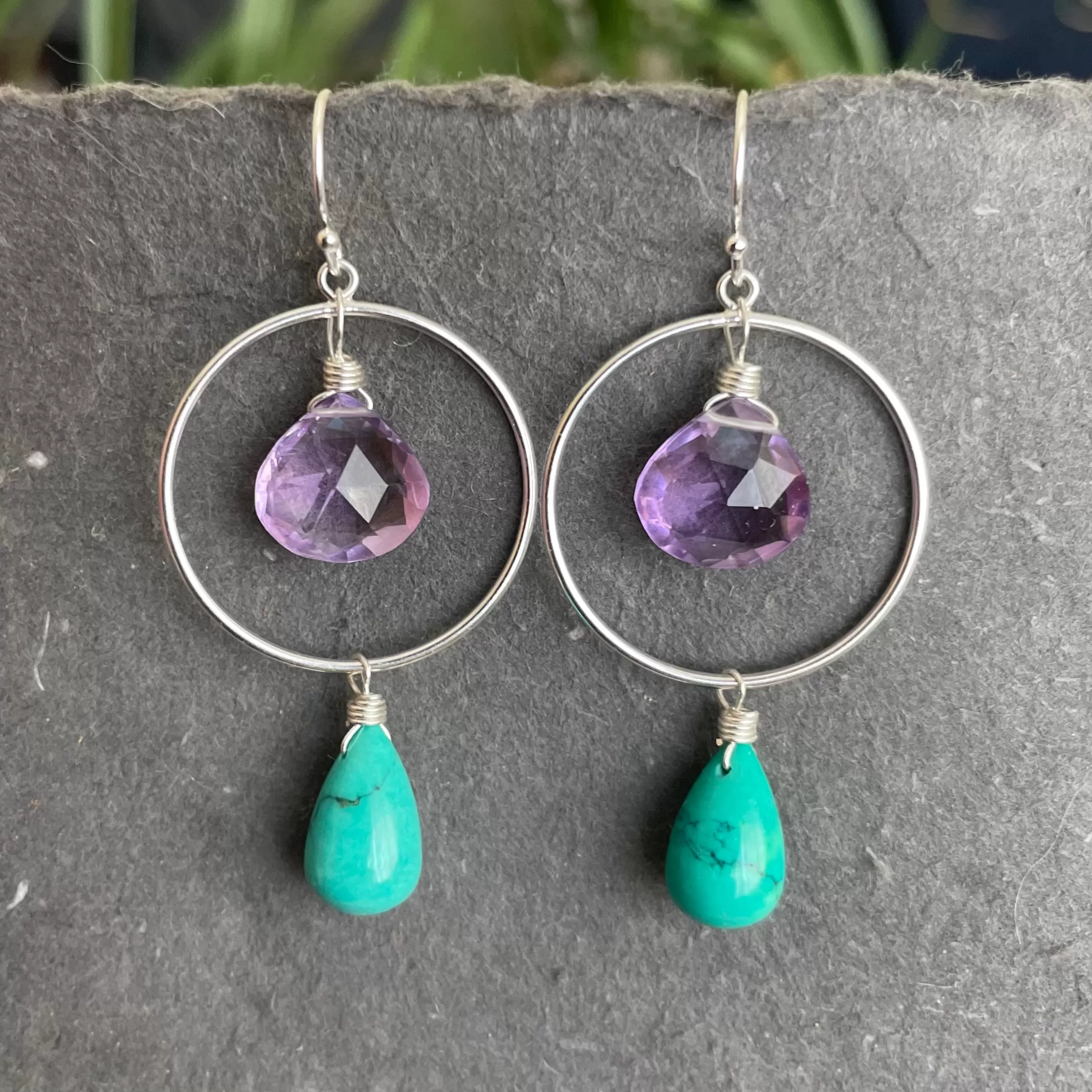 Amethyst and Tibetan Turquoise Hoop Earrings