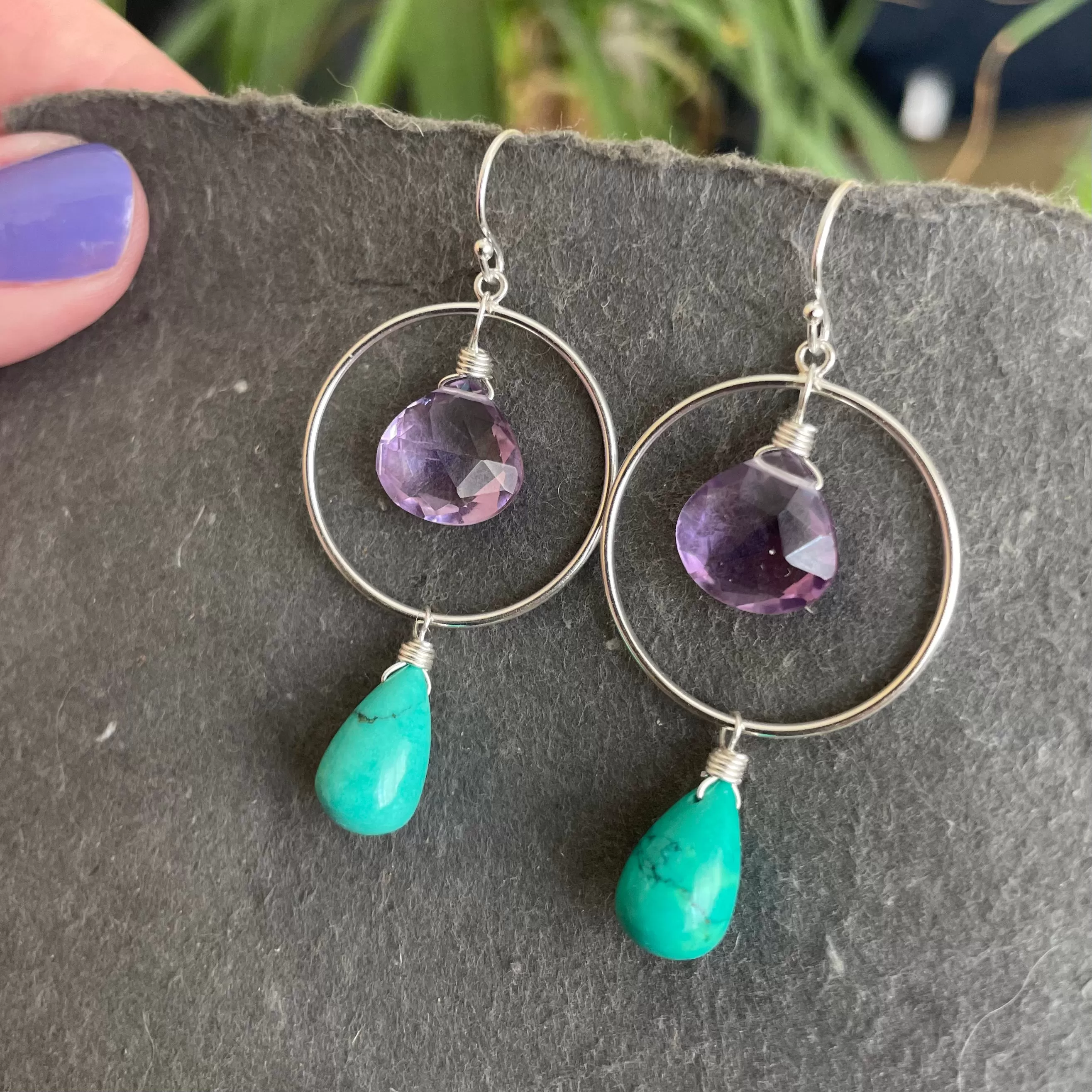 Amethyst and Tibetan Turquoise Hoop Earrings