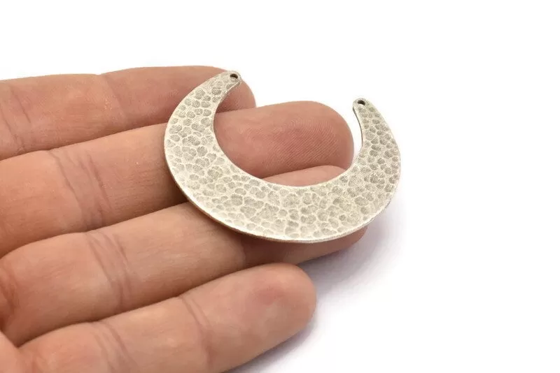 Antique Silver Hammered Moon Crescent Charm, 1 Antique Silver Plated Hammered Moons with 2 Holes Pendant (45x14x4mm) N0436 H0195