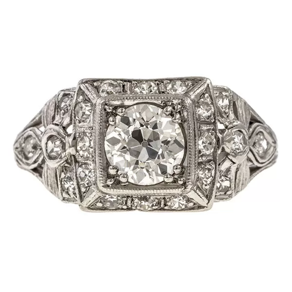 Art Deco Diamond Ring, Old Euro 0.85ct