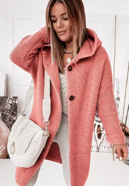 Autumn Winter Women Cardigan Jacket 2022 Fashion Casual Lady Solid Color Loose Long Sleeve Hooded Oversized Sweater Coat