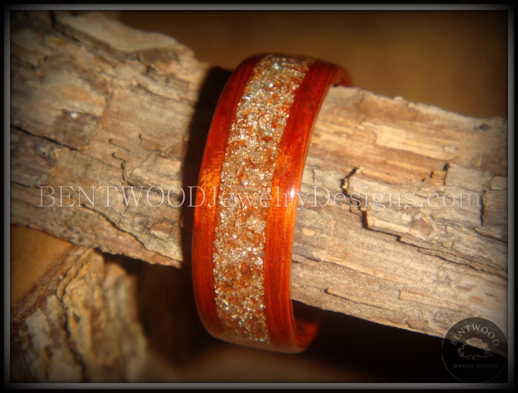 Bentwood Ring - African Padauk Wood Ring with German Silver and Copper Glass Inlay