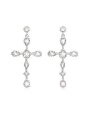 Bezel Stone Cross Studs- Silver