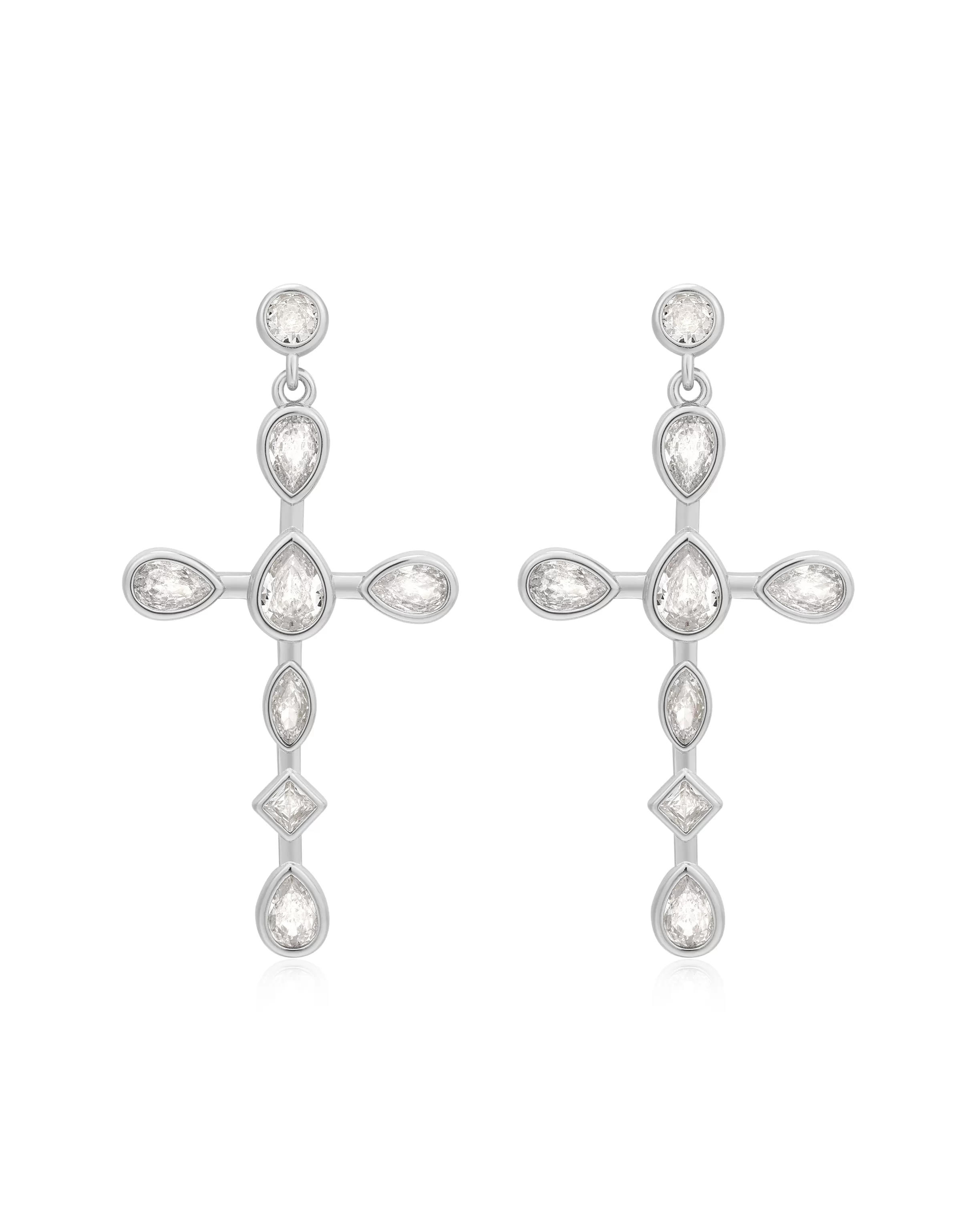 Bezel Stone Cross Studs- Silver