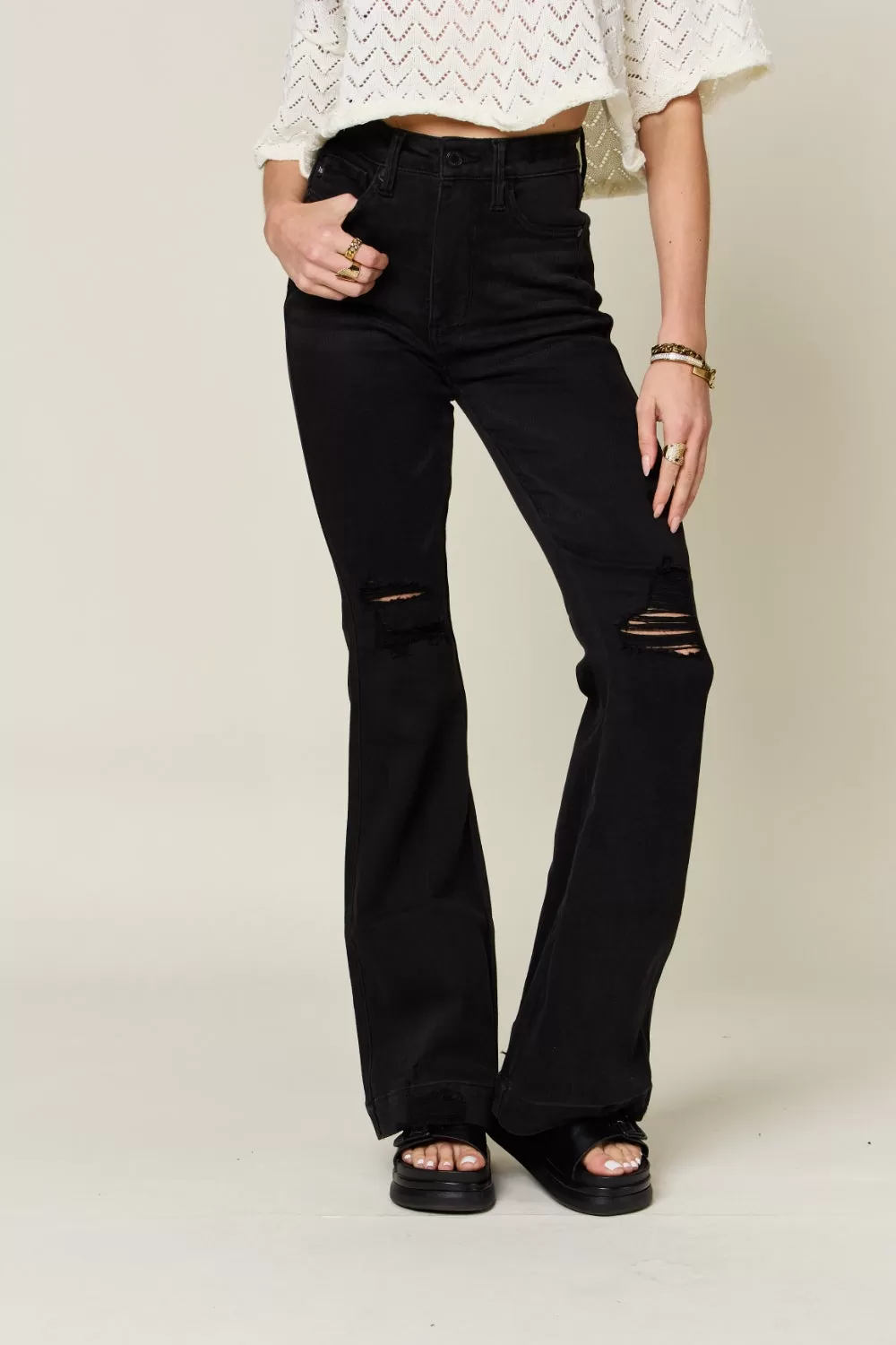 Black Full Size High Waist Distressed Flare Jeans