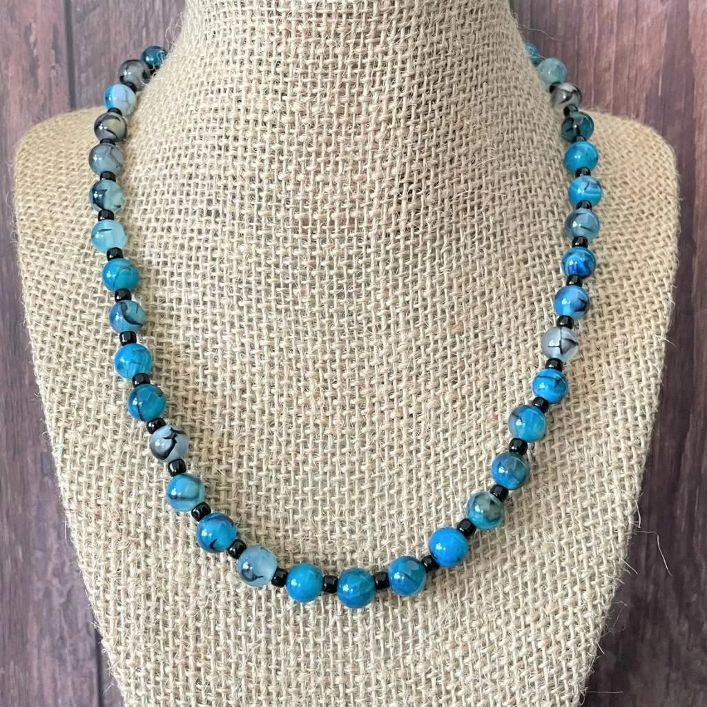 Blue and Black Streak Agate Mens Beaded Necklace