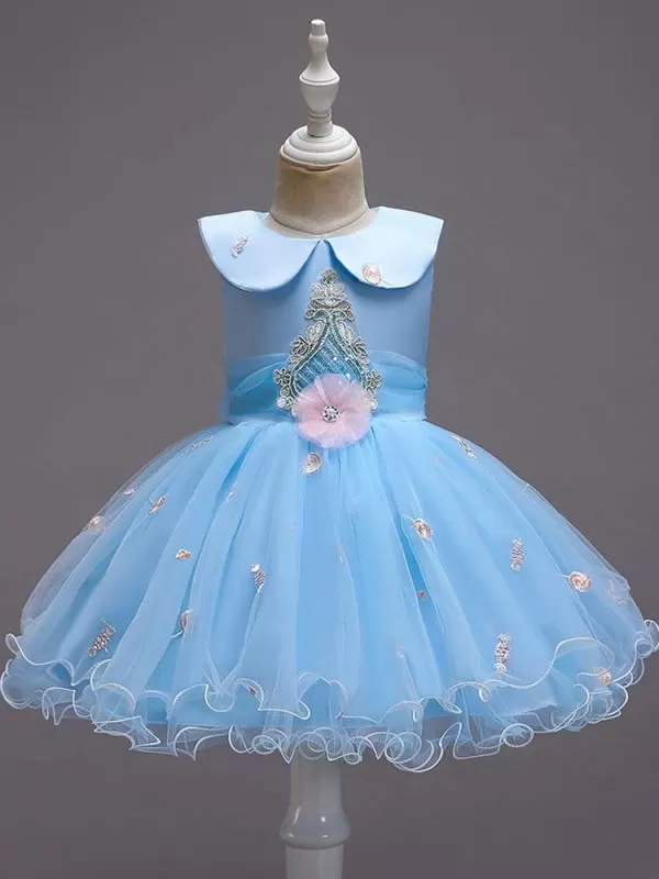 Blue Flower Girl Dresses Sleeveless Tulle Polyester Cotton Flowers Kids Party Dresses