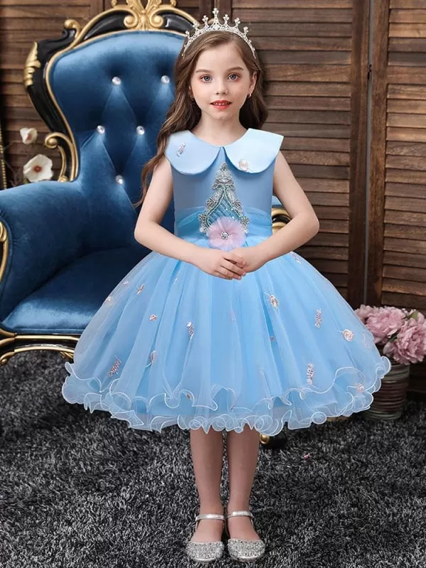 Blue Flower Girl Dresses Sleeveless Tulle Polyester Cotton Flowers Kids Party Dresses