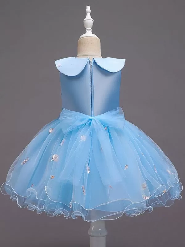 Blue Flower Girl Dresses Sleeveless Tulle Polyester Cotton Flowers Kids Party Dresses