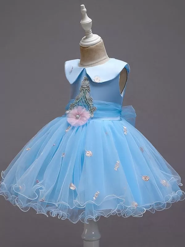 Blue Flower Girl Dresses Sleeveless Tulle Polyester Cotton Flowers Kids Party Dresses