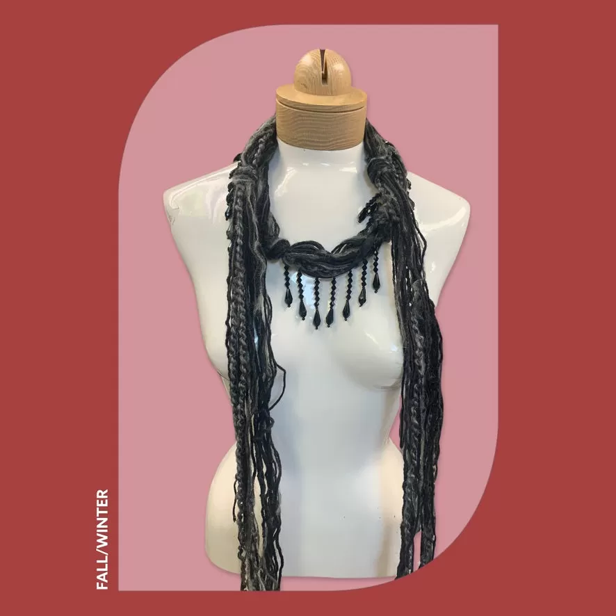 Boho Beaded Lightweight Mohair Scarf Necklace - Black and  Gray