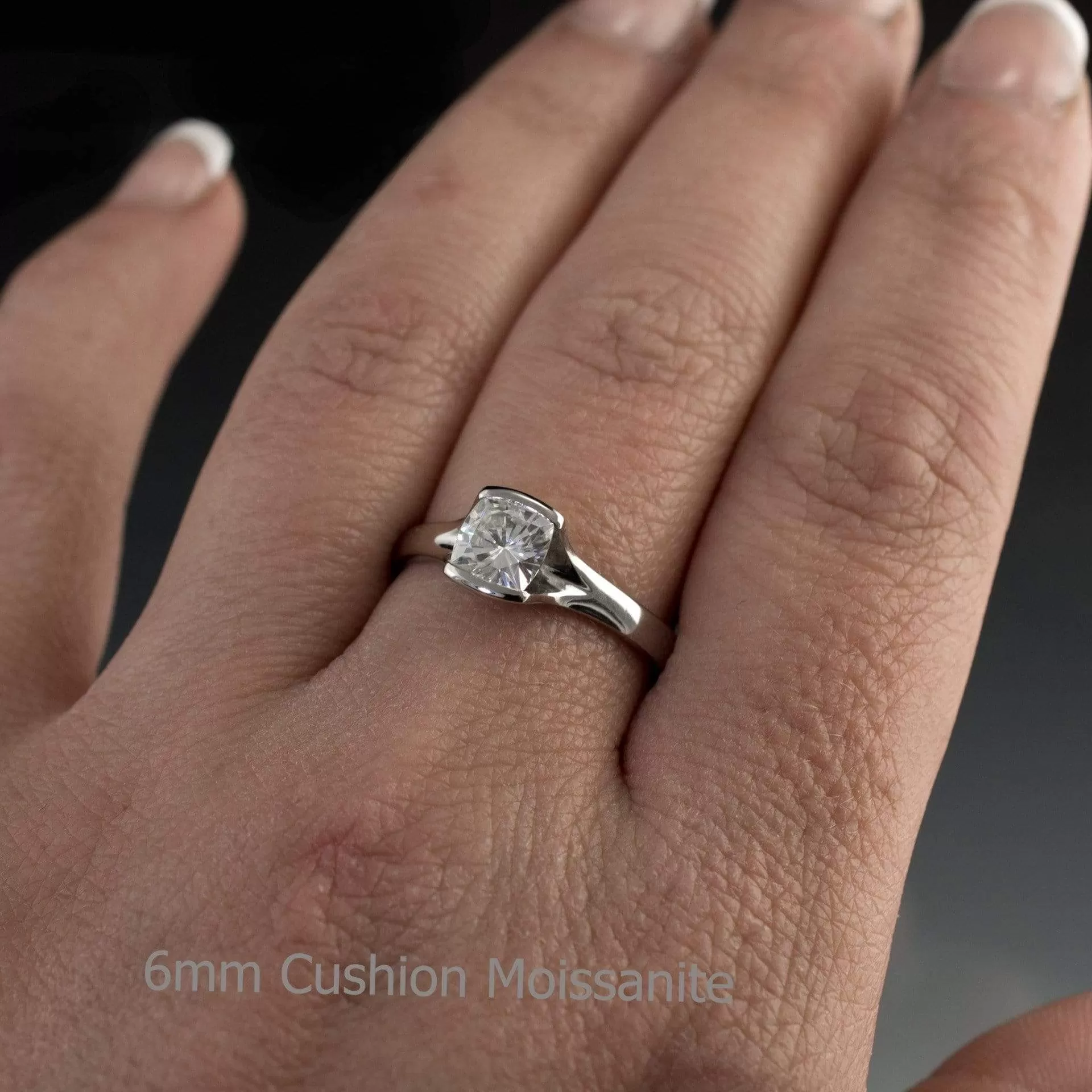 Bridal Set Cushion Cut Moissanite Fold Semi-Bezel Set Solitaire Engagement Ring & Wedding Band