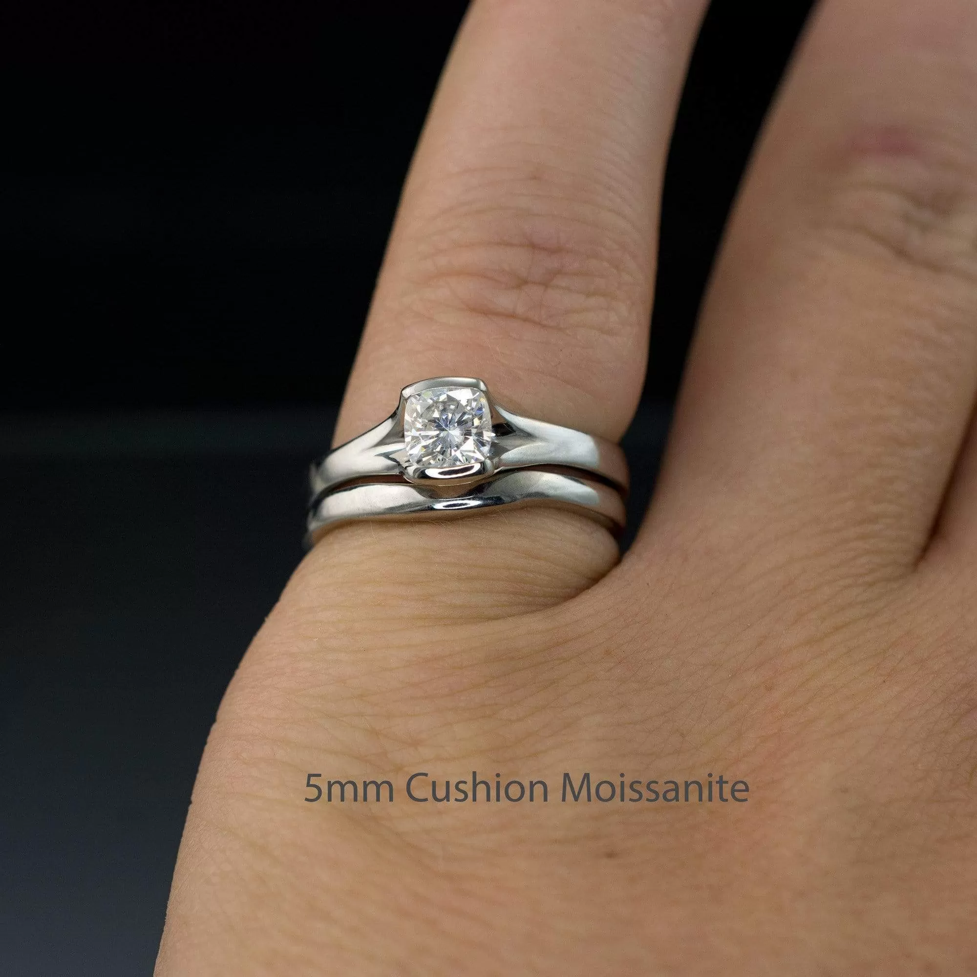 Bridal Set Cushion Cut Moissanite Fold Semi-Bezel Set Solitaire Engagement Ring & Wedding Band