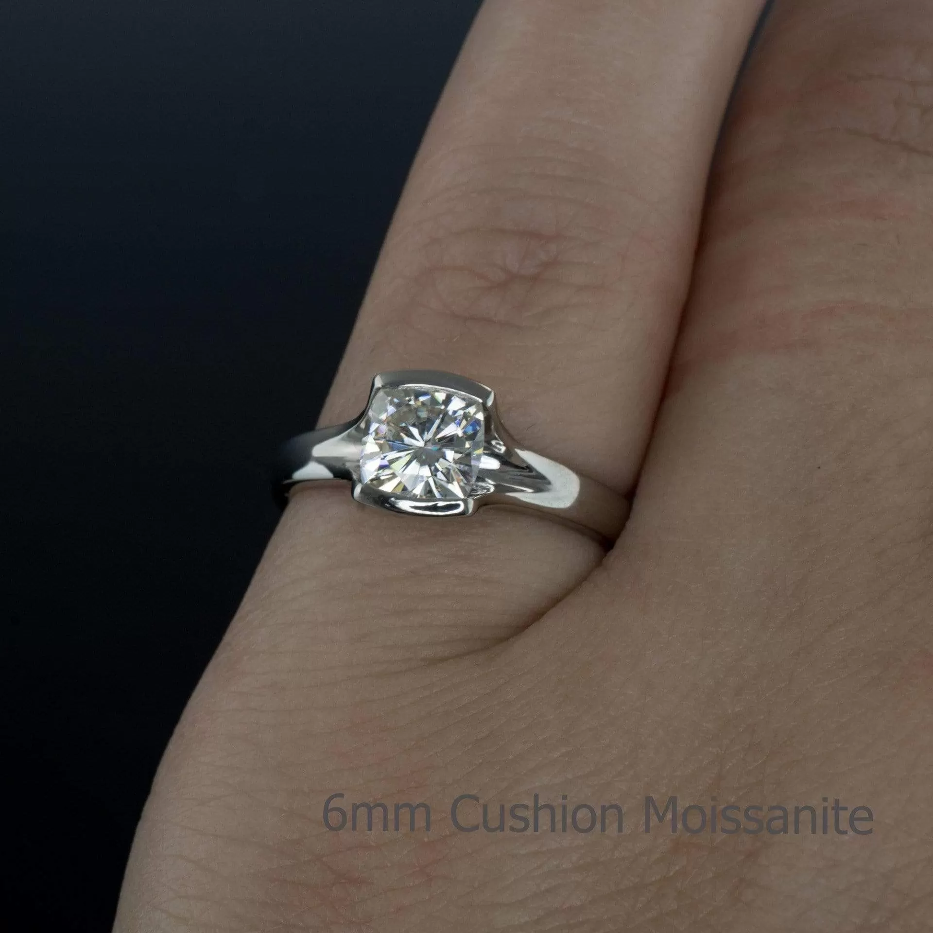 Bridal Set Cushion Cut Moissanite Fold Semi-Bezel Set Solitaire Engagement Ring & Wedding Band