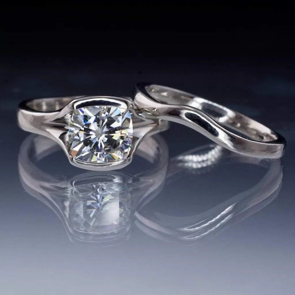 Bridal Set Cushion Cut Moissanite Fold Semi-Bezel Set Solitaire Engagement Ring & Wedding Band