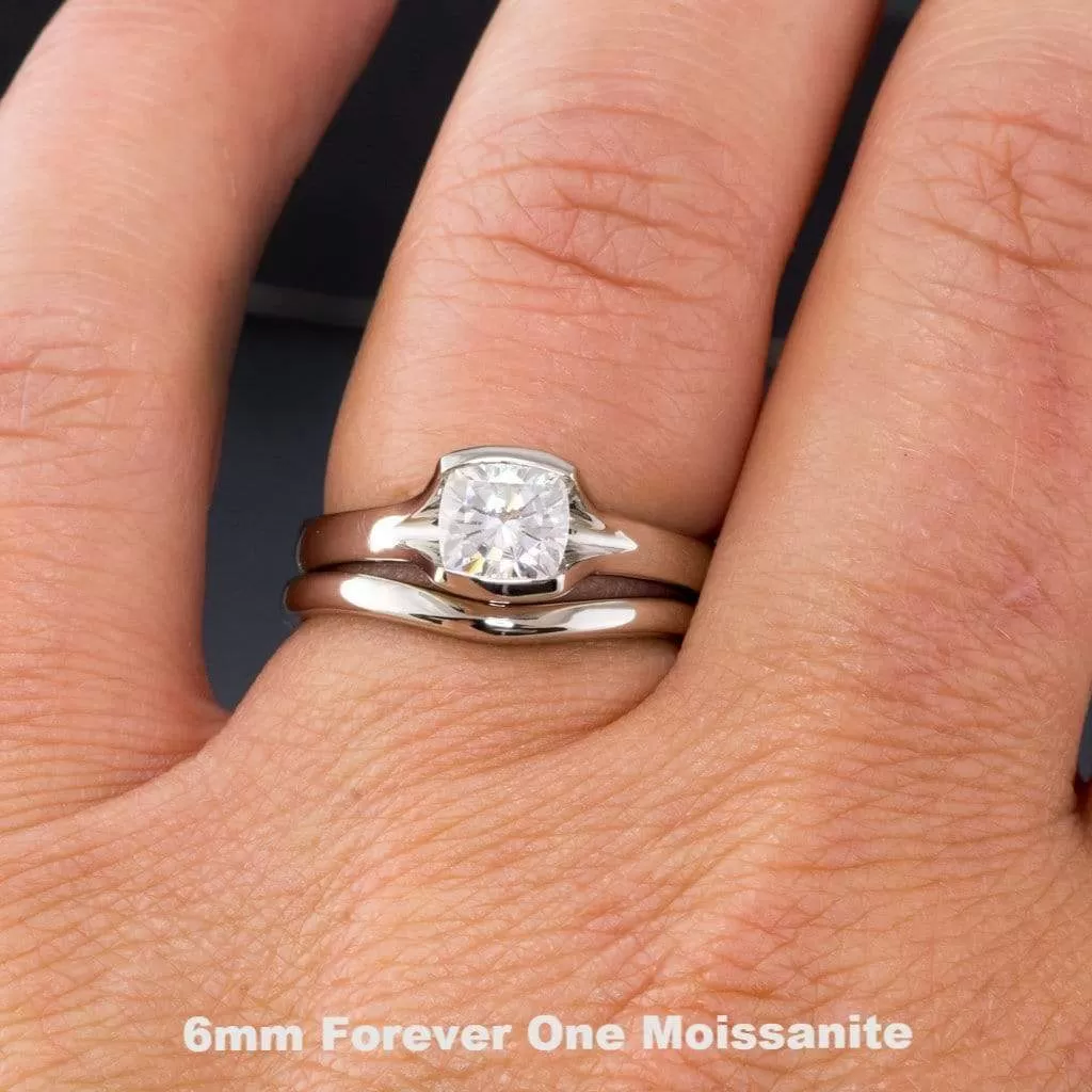 Bridal Set Cushion Cut Moissanite Fold Semi-Bezel Set Solitaire Engagement Ring & Wedding Band