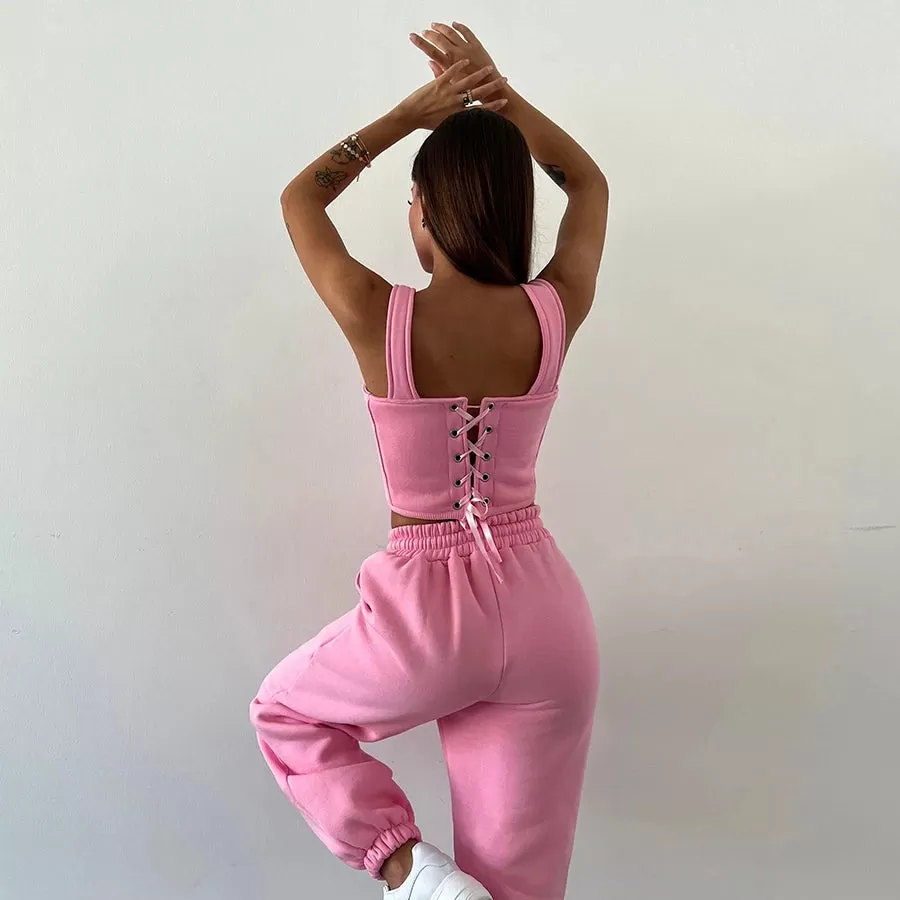 Classic Tanks  Long Sleeve Crop Top Bandage Pants Women's Set Jogger Street wear 3 Piece Pant Set