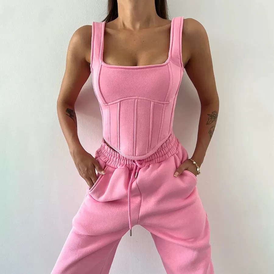 Classic Tanks  Long Sleeve Crop Top Bandage Pants Women's Set Jogger Street wear 3 Piece Pant Set