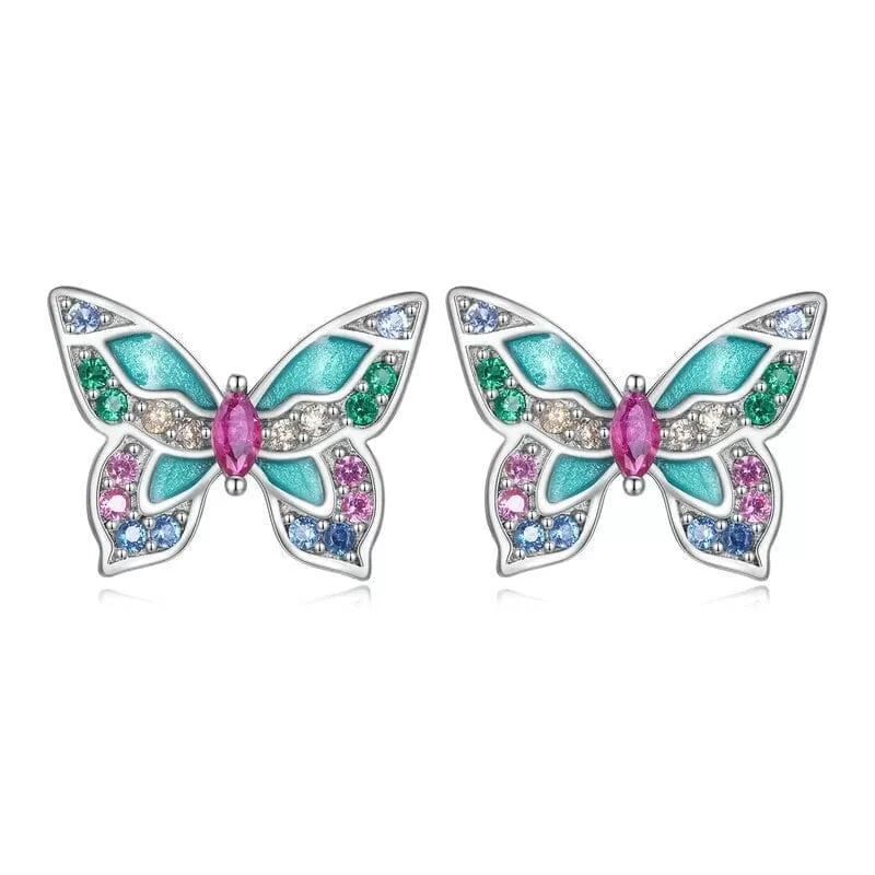 Colorful Butterfly Silver Stud Earrings