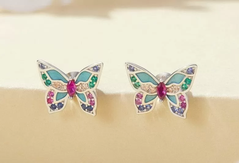 Colorful Butterfly Silver Stud Earrings