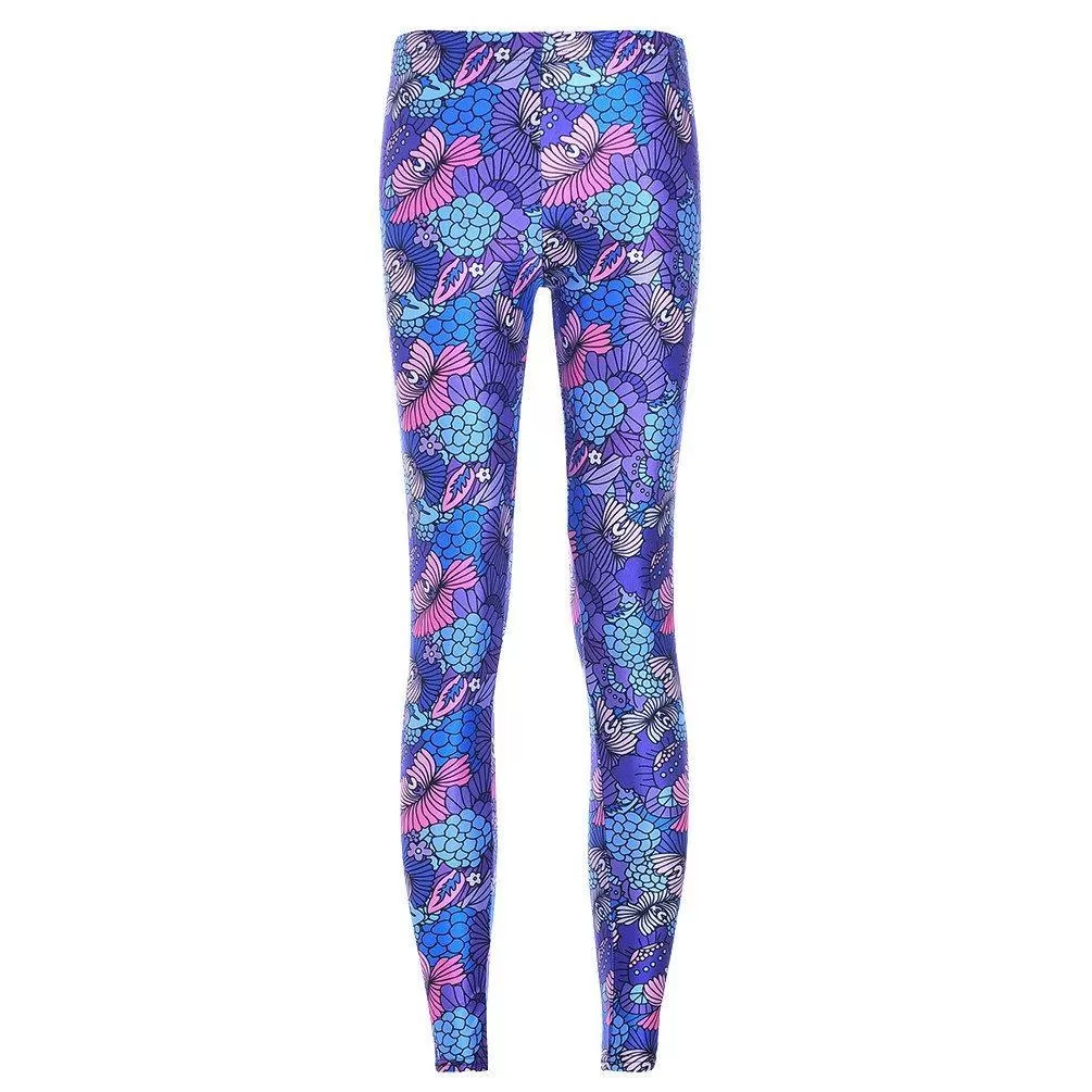 Colorful Floral Coral Abstract Print Legging Pants for Women in Purple and Pink