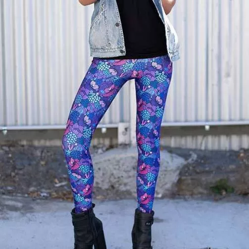 Colorful Floral Coral Abstract Print Legging Pants for Women in Purple and Pink