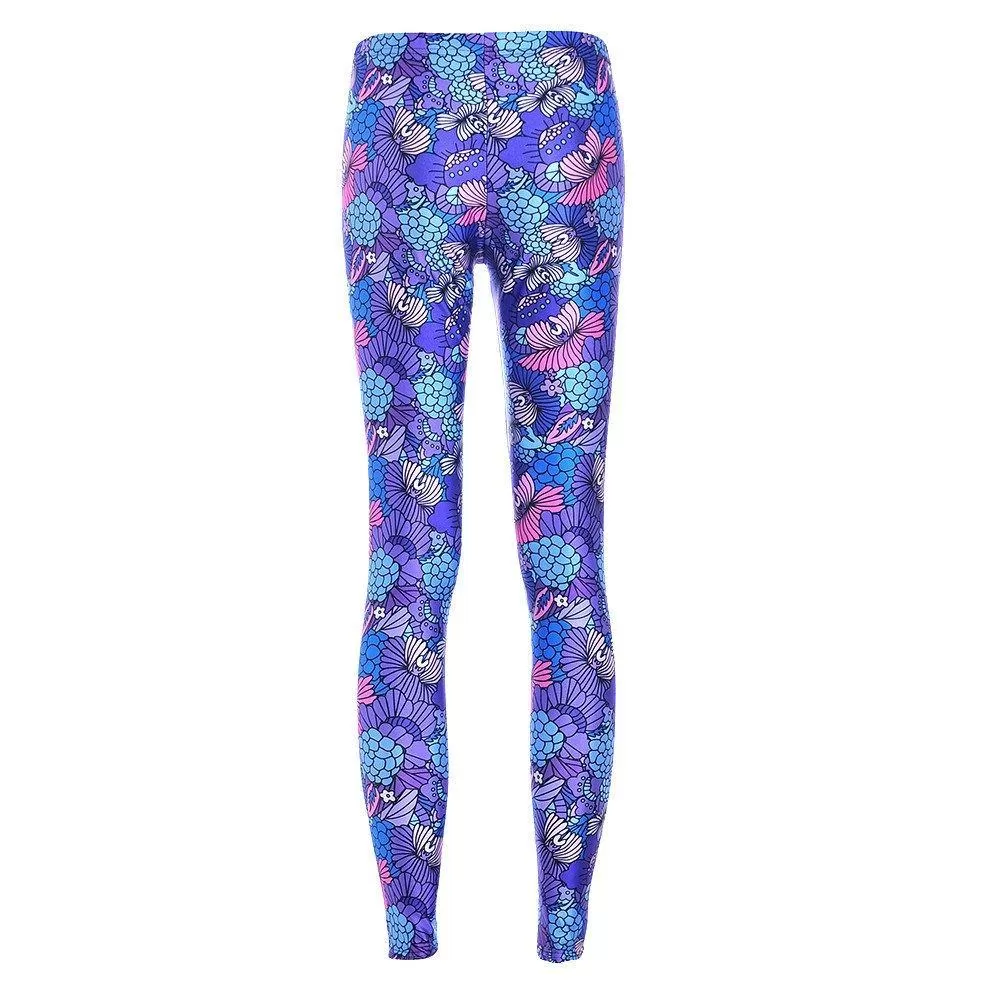 Colorful Floral Coral Abstract Print Legging Pants for Women in Purple and Pink