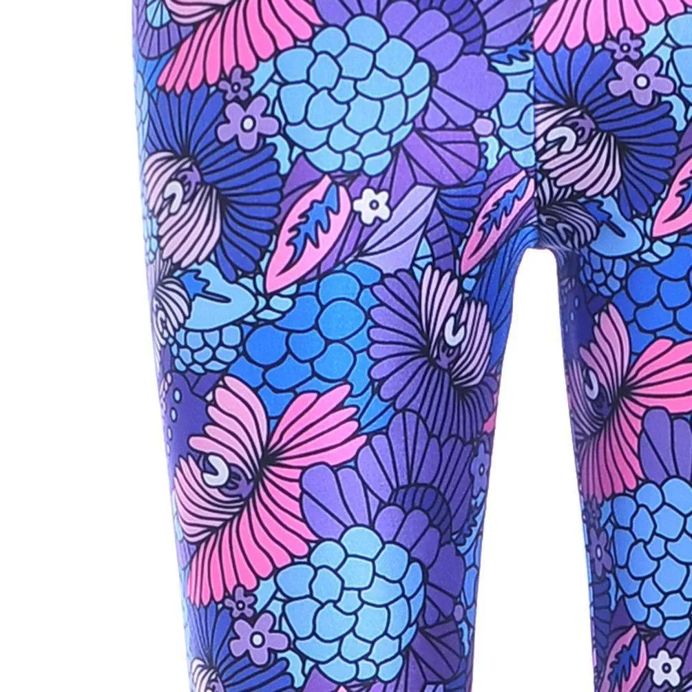 Colorful Floral Coral Abstract Print Legging Pants for Women in Purple and Pink