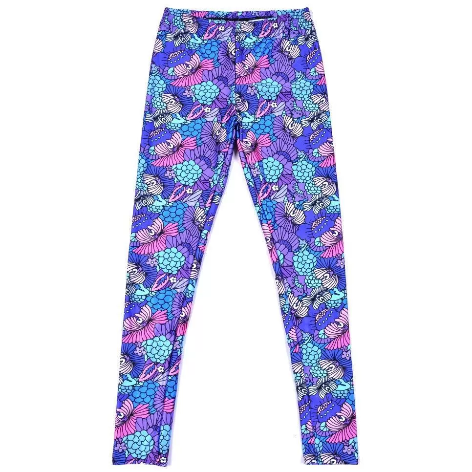 Colorful Floral Coral Abstract Print Legging Pants for Women in Purple and Pink